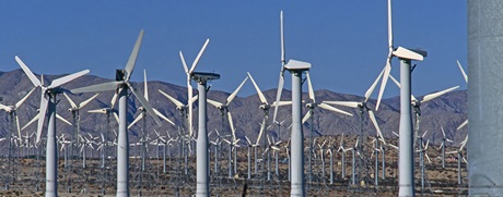 A wind turbine farm with several wind turbines