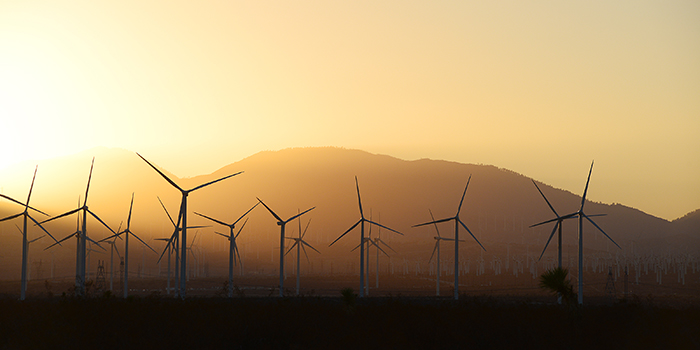 A wind turbine farm with a mountain behind it